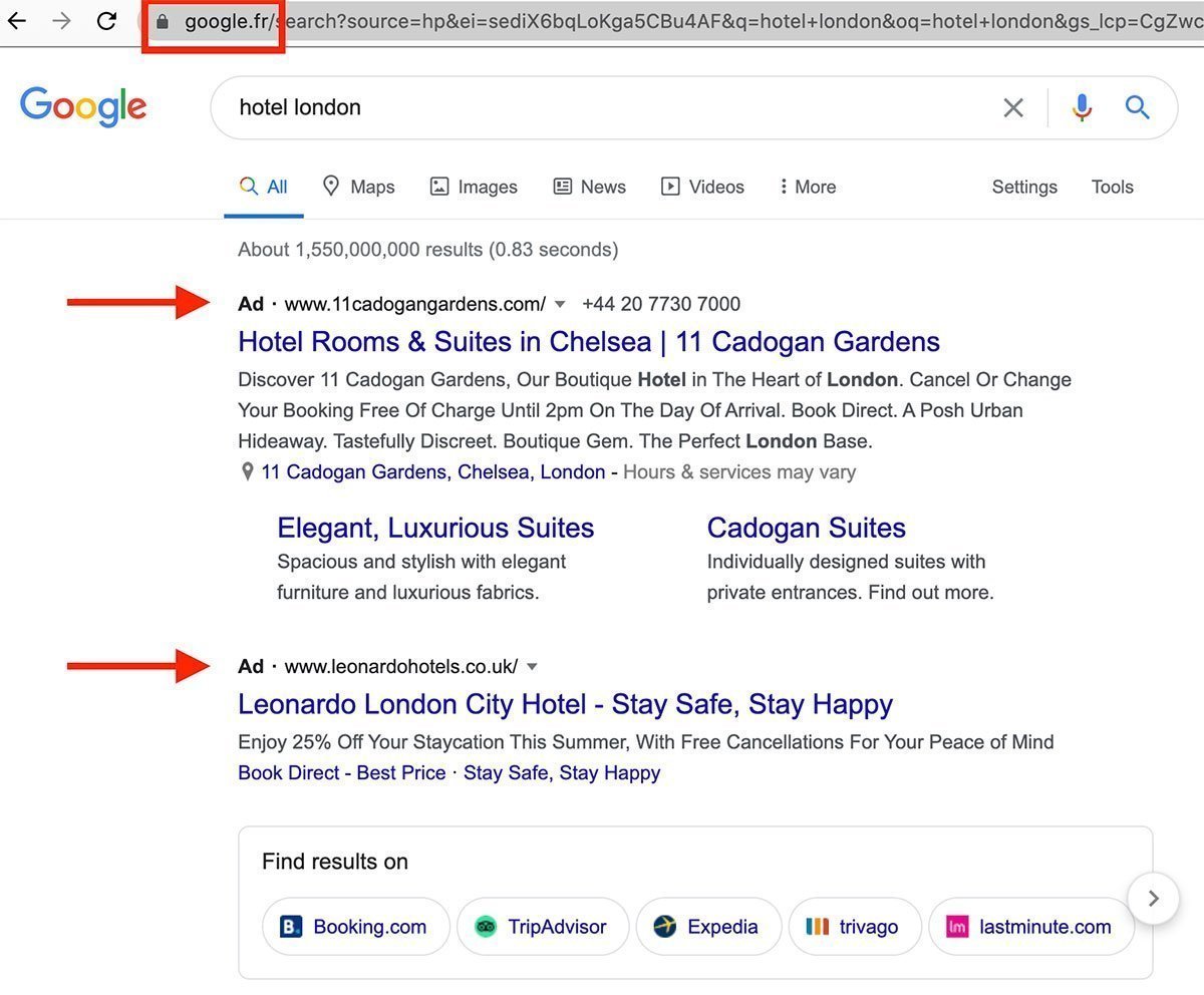 Hotel in London, search from France, using Google.fr (with settings in French).