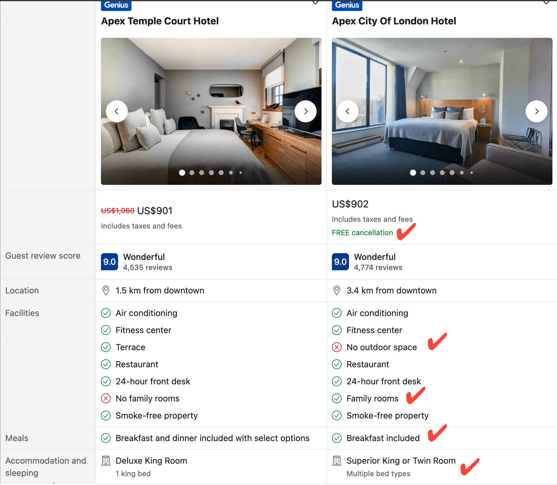Booking.com compare feature, find the differences.